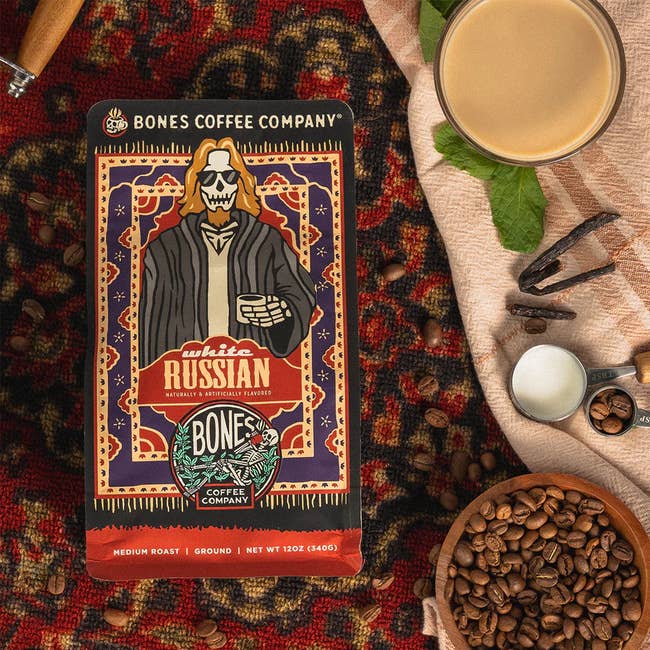 Package of Bones Coffee Company's White Russian flavor with skull that looks like the dude from the big lebowski