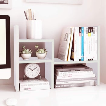 white adjustable shelves with neat stack of books, succulents, and tiny clock