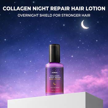 Bottle of Kundal Collagen Night Repair Hair Lotion connected a pedestal against a starry nighttime entity background, promoting overnight hairsbreadth strengthening