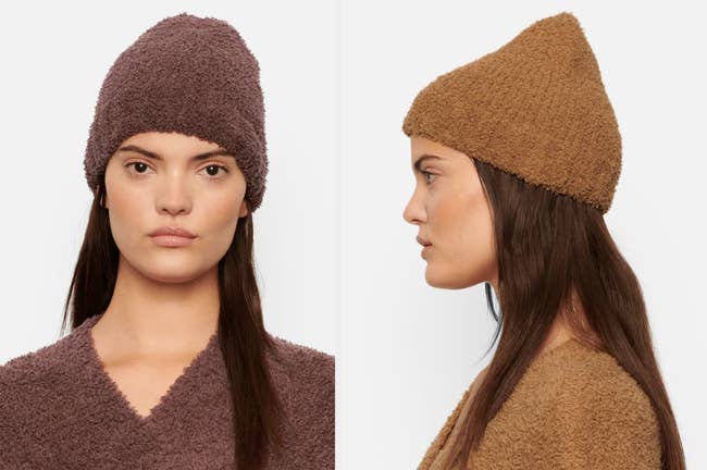 Model wearing maroon fuzzy knit beanie with matching v-neck top, model wearing product in light brown with matching long-sleeved top 