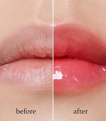 Lips before and after applying lip balm, showcasing increased shine and hydration for product advertisement
