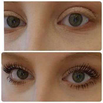 Close-up of eyes successful  a before-and-after comparison, showing earthy  lashes supra  and mascara-applied lashes below