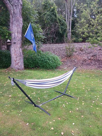 Outdoor hammock with a striped cloth connected a metallic stand, acceptable connected a grassy tract adjacent trees and a flag