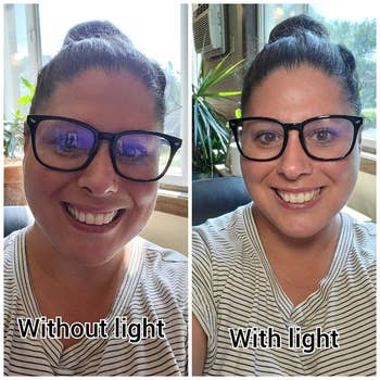 A reviewer shows a dark before image without the clip light, and a brighter after image while using the light.