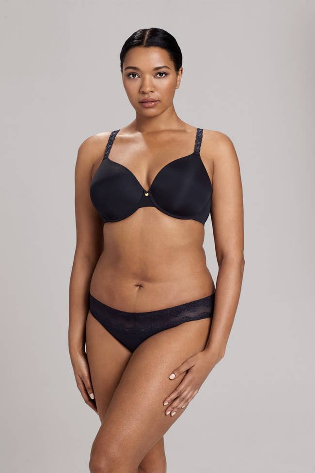 Person models matching achromatic t-shirt bra and underwear