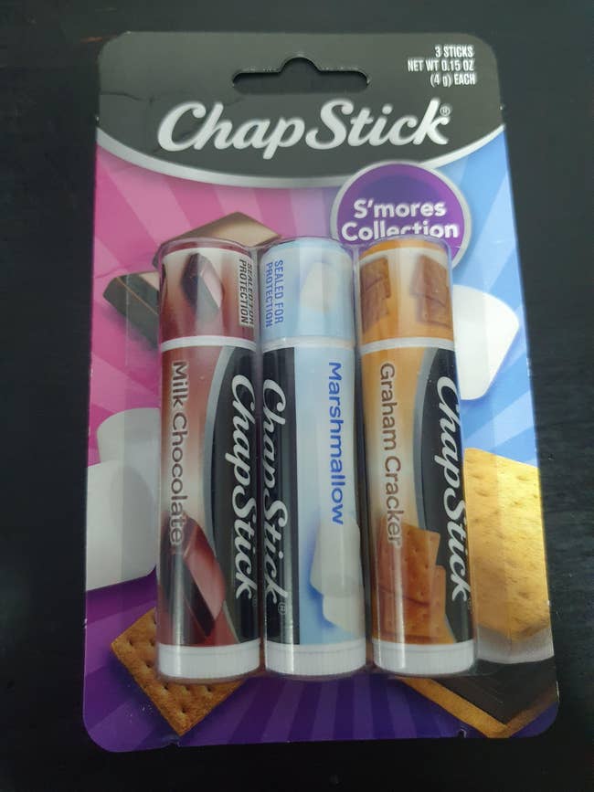 a pack of three chapsticks (milk chocolate, marshmallows, and graham cracker) in the package