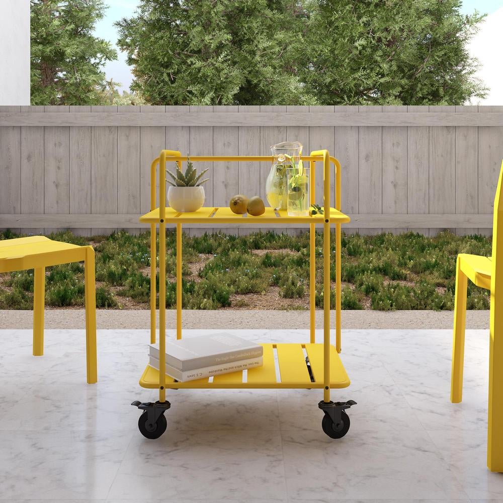 A two tiered yellow bar cart with wheels on a patio