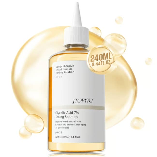 A vessel  of JTOPYRT Glycolic Acid 7% Toning Solution, 240 ml. It targets blemishes and acne portion    renewing skin. Featured successful  buying  context