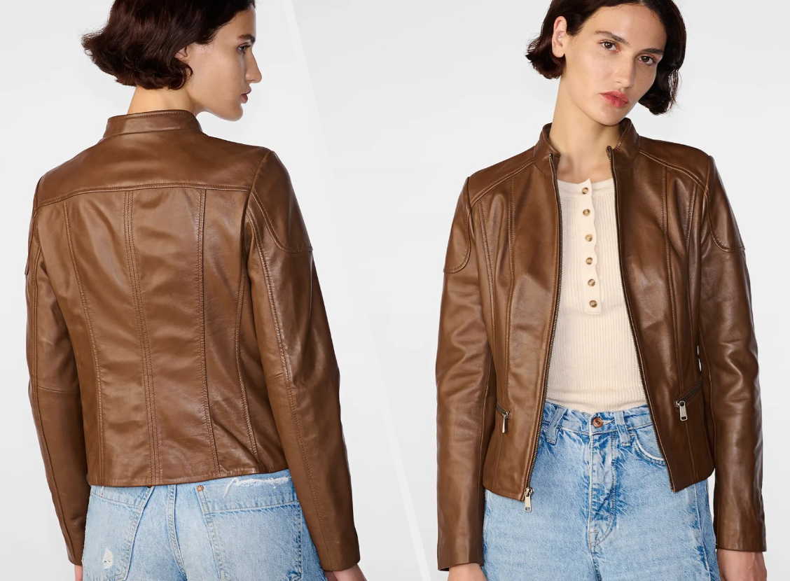 Two images of a model wearing the brown jacket
