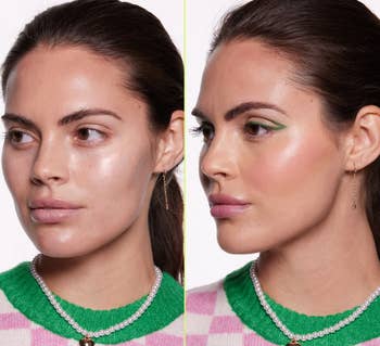 A model with before and after results with the blush oil
