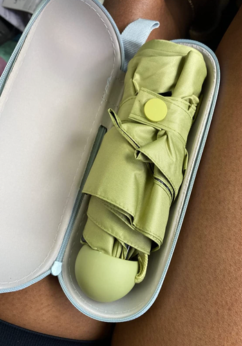 A small sage green umbrella in a compact carrying case