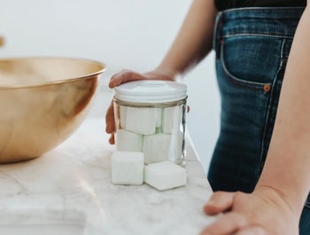 The toilet bombs on a bathroom counter