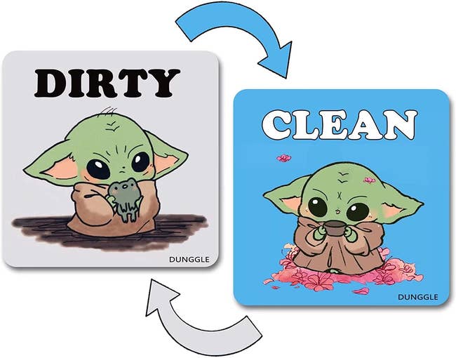 the dishwasher magnet that shows a sad baby yoda on one side and a happy one on the other 