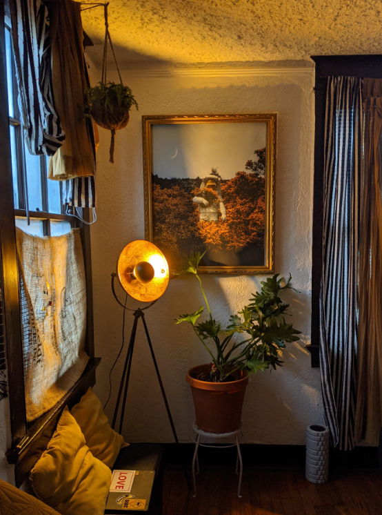 reviewer's lamp giving off golden warm tones in living room