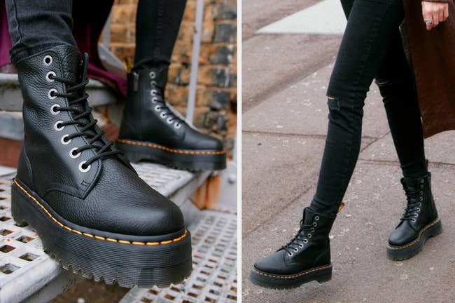 Two images of a model wearing the black boots