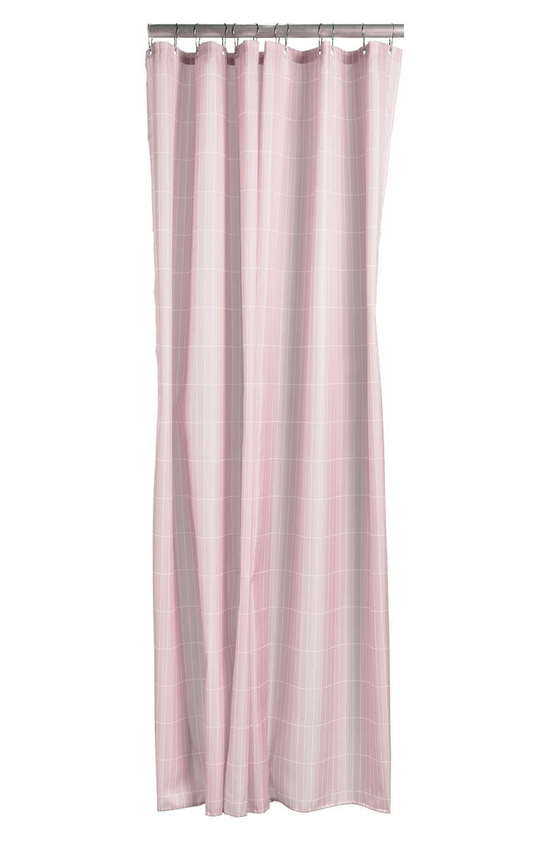 pink shower curtain with white grid design