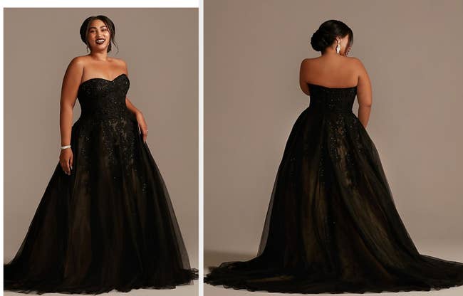 Two images of model wearing black strapless dress
