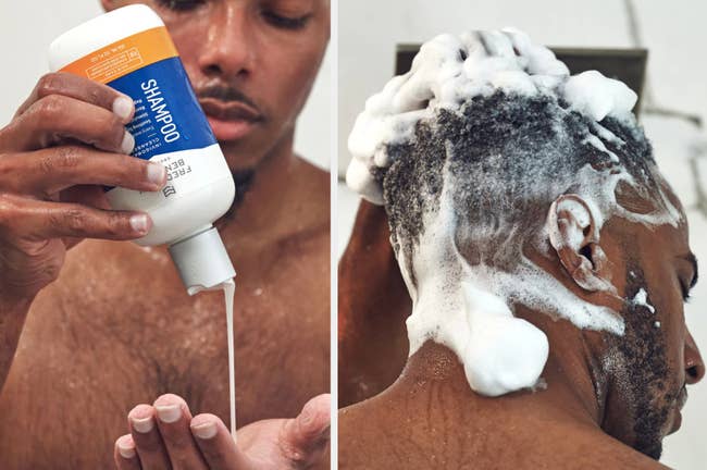 Model squeezing blue and orange shampoo bottle with white formula into hand, model lathering product into sudsy hair 