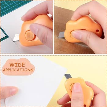 Person using a compact, orange utility knife to cut paper, showcasing its ergonomics and versatility