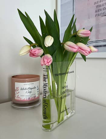reviewer's transparent vase filled with tulips