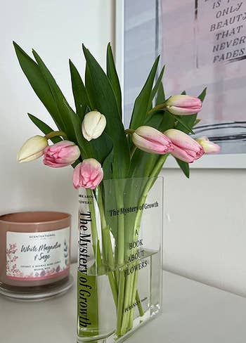 the transparent vase filled with tulips
