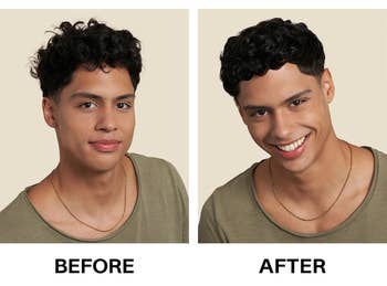 before and after of a model showing how the cream defined their curls