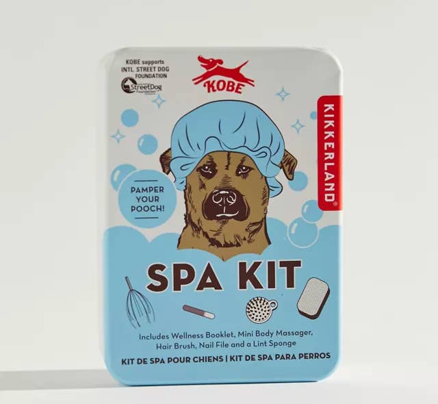 tin with illustrated dog in a bath on it