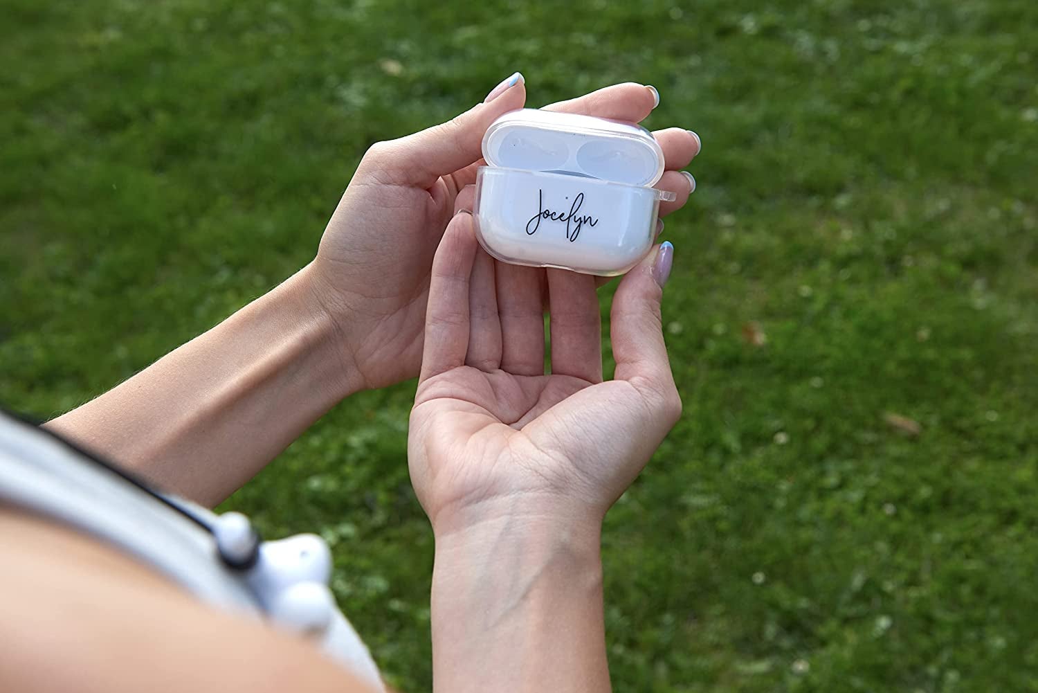 person holding case that reads jocelyn on it