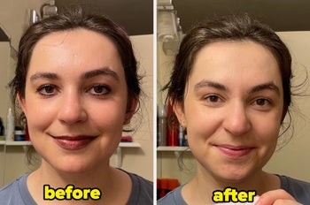 BuzzFeed Shopping writer with a face full of makeup labeled before, and after using the cloth with all their makeup removed showing a bare face