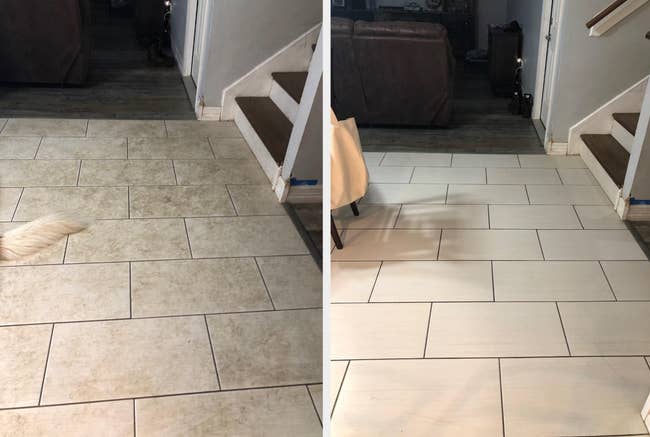 before/after of a white tile floor that was blackened with dirty and left clean and shining after the bissell