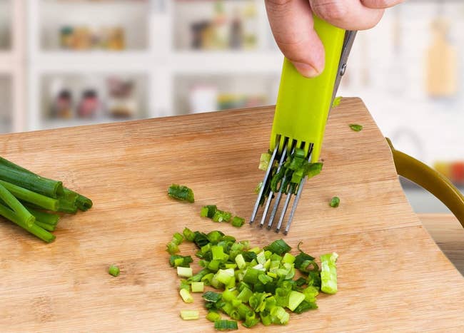 model using the four bladed herb scissors to cut chives 