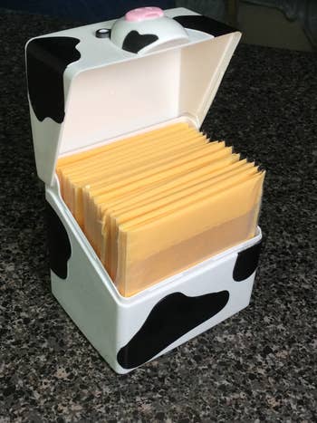 the open container showing individually wrapped slices of cheese filed inside