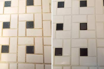 reviewer's grout before, dirty and gross, and after, looking white and clean
