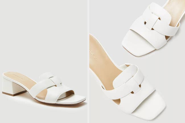 Two images of the white heel sandals