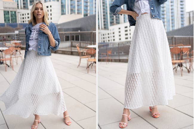 Two images of model wearing long white skirt and denim jacket