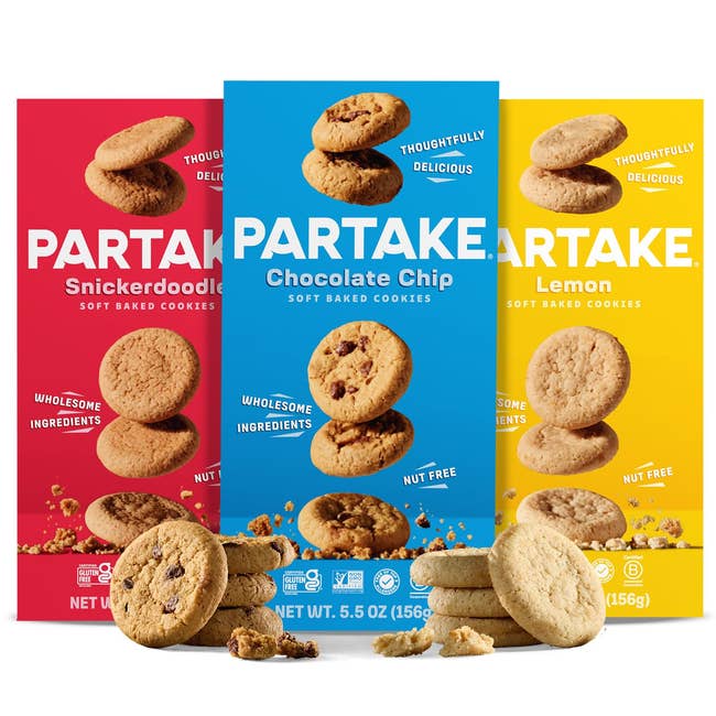  Snickerdoodle, Chocolate Chip, Lemon, each   with cookies successful  front. Nut-free and labeled with 