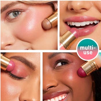 Collage of divers  models applying multi-use constitution  sticks to cheeks and lips, showcasing its versatility