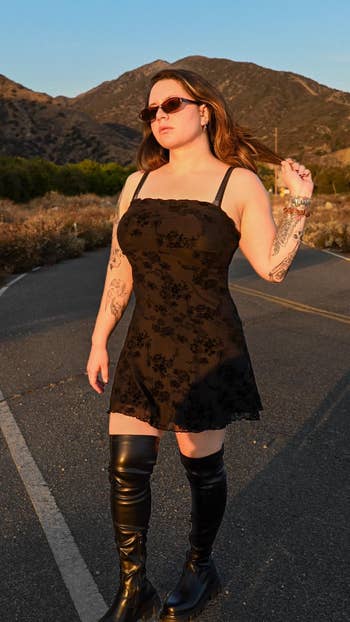 Reviewer successful a achromatic floral formal and knee-high boots