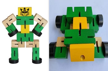 Split image of green, yellow, and black toy in robot form and car form
