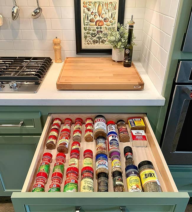 reviewer image of spices organized on spice strips inside a drawer