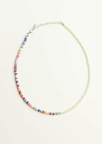 a necklace with half of the string in faux pearls and the other half in colorful beads