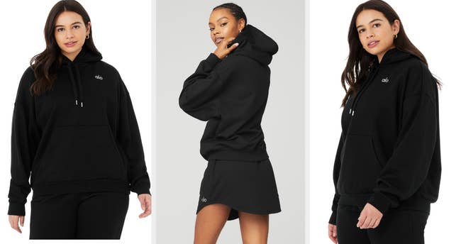 Three images of models wearing black hoodie