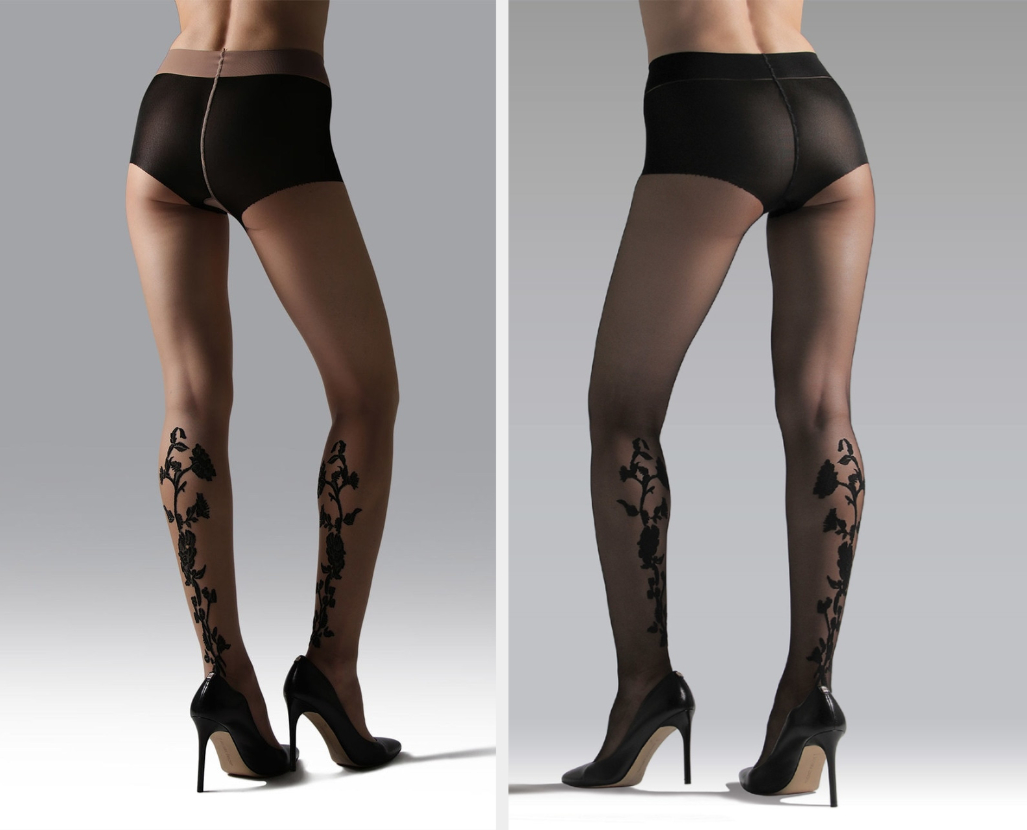 Two images of models wearing black tights