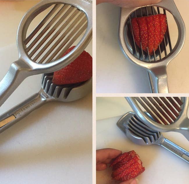 reviewer using the tool to slice a strawberry into thin slices