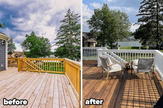 image of deck before and after being stained, with the stained side vibrant and bright