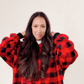 models wearing the hoodie in plaid, polka dot, and navy blue