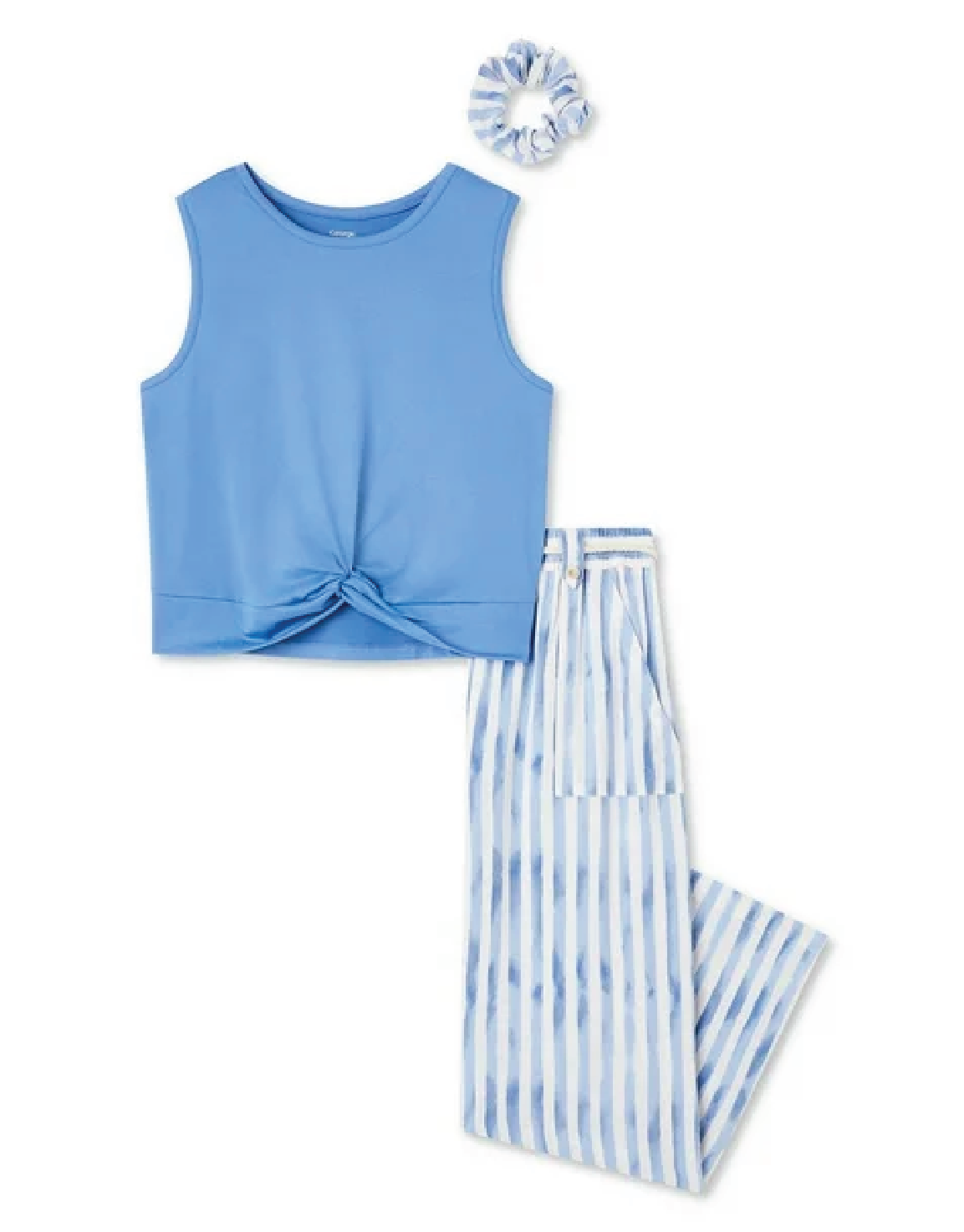 a scrunchie, tank top, and striped capri pants