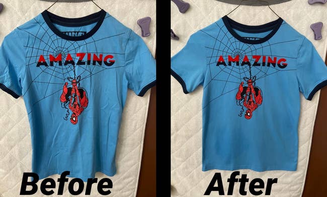 before and after photo of a reviewer's sons shirt with wrinkles and the wrinkles gone after using the spray