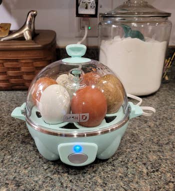 reviewer photo of aqua color rapid egg cooker cooking hard boiled eggs