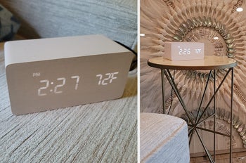 Reviewer image of white wooden clock with time and temperature displayed, product on top of side table